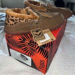 Flojos Brown leopard print Moccasin Slippers with Trim